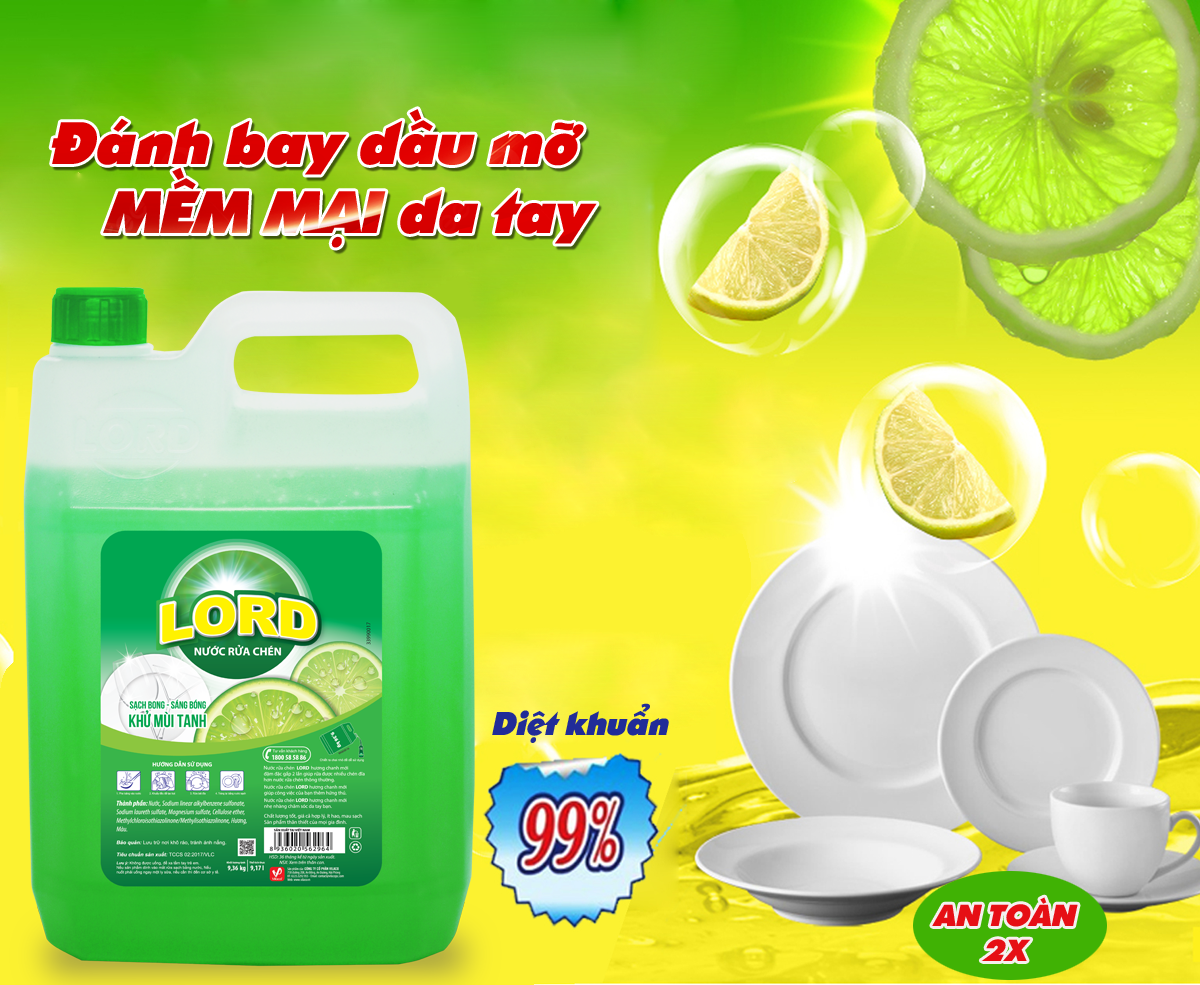Nước rửa chén Lord hương chanh - Sạch nhanh & sáng bóng, diệt khuẩn 99%
