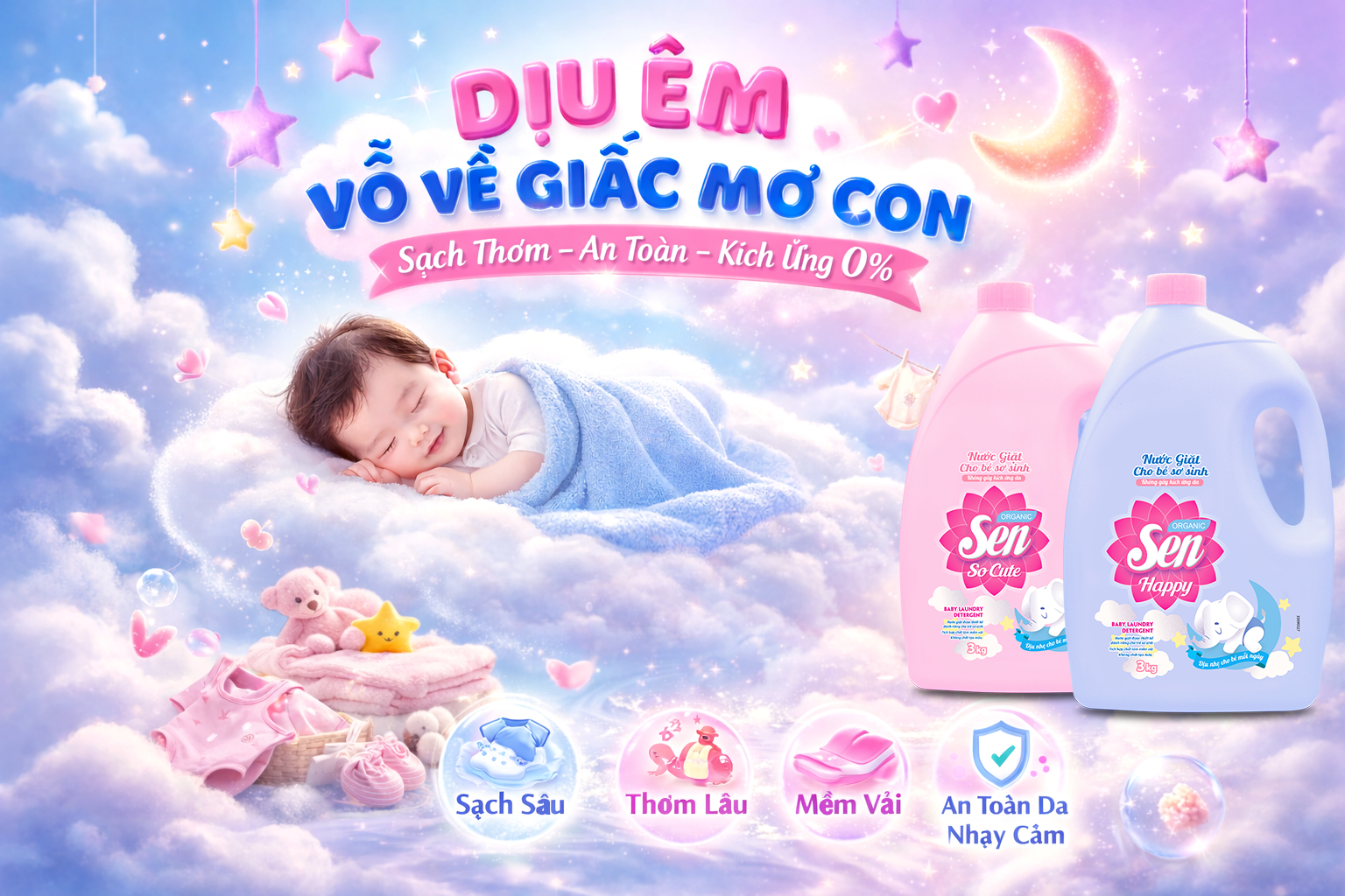 Nước Giặt Sen – Sạch Mềm Quần Áo Bé, Mẹ Nhàn Tênh